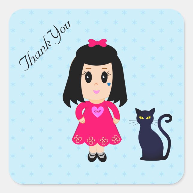Pegatina Cuadrada Gracias Chica y gato con estrellas en azul claro (Anverso)