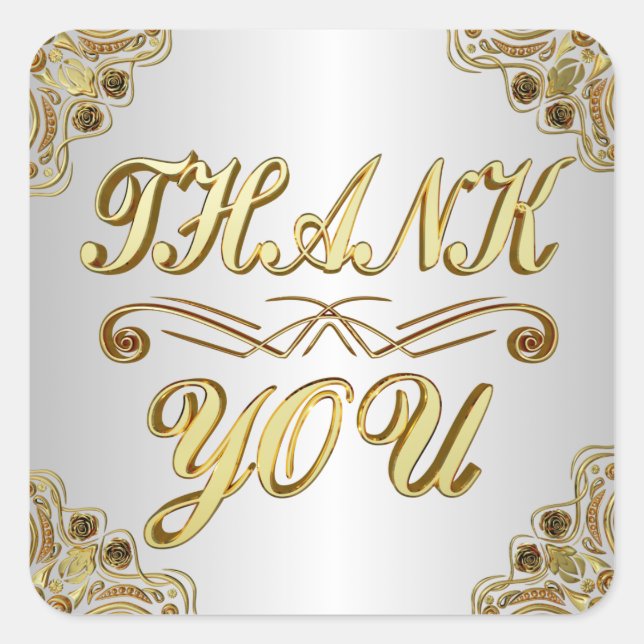 Pegatina Cuadrada GRACIAS Clásico Oro y Plata Elegante (Anverso)