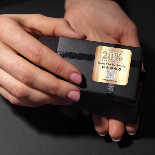 Pegatina Cuadrada Gracias Comprar 20%Off QR CODE Faux Gold (Thank Shopping 20%Off QR CODE Faux Gold Square Sticker)
