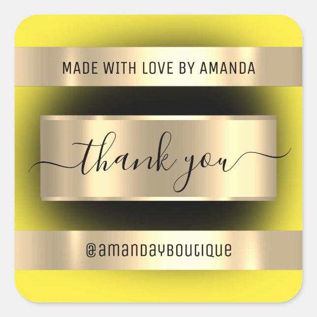 Pegatina Cuadrada Gracias Comprar Con Amor Glam Amarillo (Anverso)