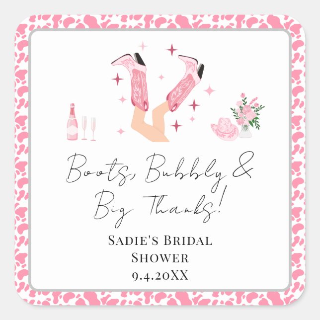 Pegatina Cuadrada Gracias Cowboy Boots & Bubbly Bridal Shower (Anverso)