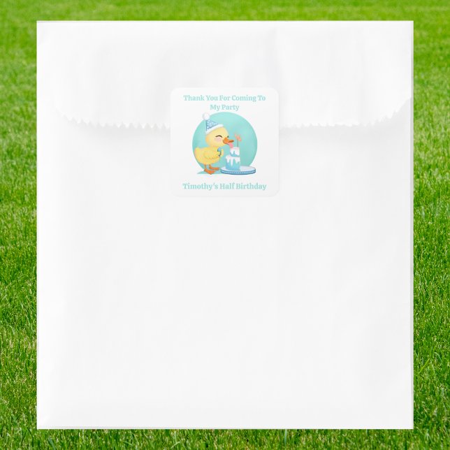 Pegatina Cuadrada Gracias, Cumpleaños Medio Pato Bebé con Torta de F (Subido por el creador)