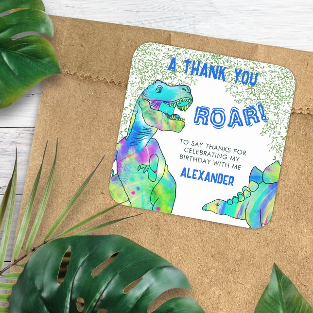 Pegatina Cuadrada Gracias dinosaurio Colorido  (T-Rex roar dinosaur jungle birthday party thank you custom favor sticker modern blue and green)