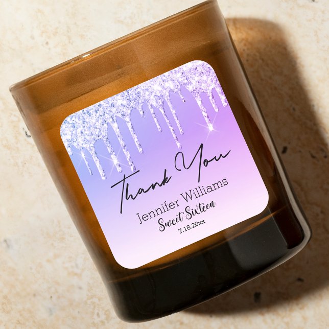 Pegatina Cuadrada gracias dulce 16 morado goteo purpurina moda (Subido por el creador)