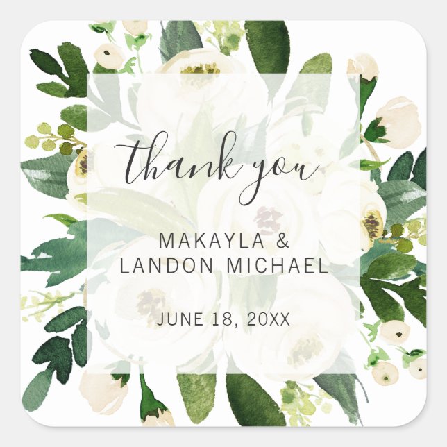 Pegatina Cuadrada Gracias Elegante Boda de acuarela floral blanca (Anverso)