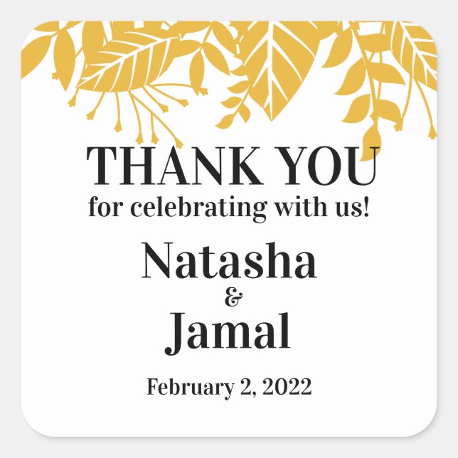Pegatina Cuadrada Gracias! Elegante Boda de las hojas amarillas de m (Anverso)