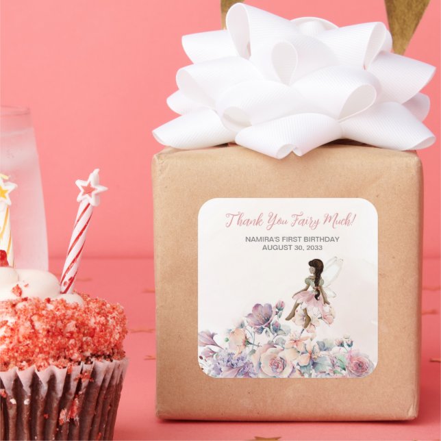 Pegatina Cuadrada Gracias Fairy Mucha Favor de Cumpleaños (Fiesta)