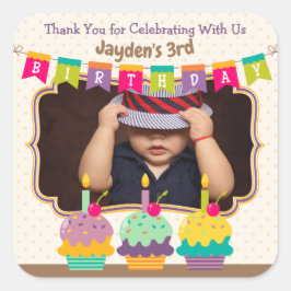 Pegatina Cuadrada Gracias Favor Feliz Cumpleaños Cupcakes Bunting Ph