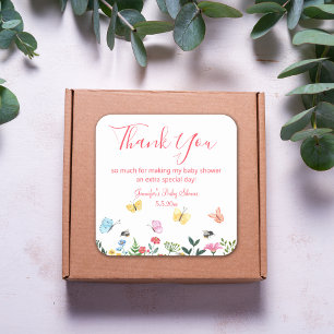 Pegatina Cuadrada gracias flores de ducha de bebé y mariposas rosada
