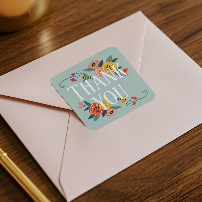 Pegatina Cuadrada Gracias | Flores silvestres florecientes vibrantes (Thank You | Vibrant Floral Wildflowers & Honey Bee Square Sticker)