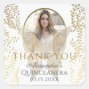 Pegatina Cuadrada Gracias, Foto Quinceañera Dorado