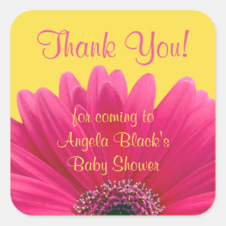 Pegatina Cuadrada Gracias Gerbera Rosa Daisy Baby Shower Amarillo