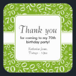 Pegatina Cuadrada Gracias: Green 70th Birthday Number Pattern<br><div class="desc">"Gracias por venir a mi 70 cumpleaños". Hay plantillas de texto para que pueda personalizar fácilmente cualquier texto. Este diseño es un patrón de número aleatorio de color verde y blanco con el número de hito 70 repetido en tamaños y ángulos variados en una impresión completa. Hay una banda blanca...</div>