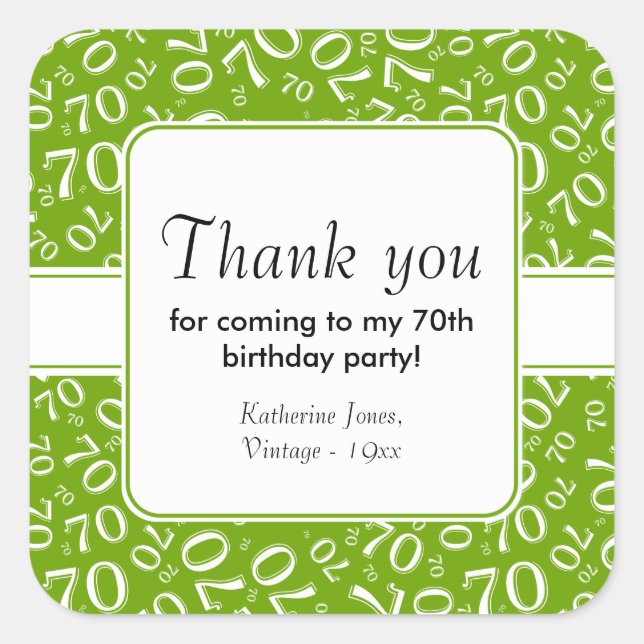 Pegatina Cuadrada Gracias: Green 70th Birthday Number Pattern (Anverso)