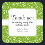 Pegatina Cuadrada Gracias: Green 70th Birthday Number Pattern<br><div class="desc">"Gracias por venir a mi 70 cumpleaños". Hay plantillas de texto para que pueda personalizar fácilmente cualquier texto. Este diseño es un patrón de número aleatorio de color verde y blanco con el número de hito 70 repetido en tamaños y ángulos variados en una impresión completa. Hay una banda blanca...</div>