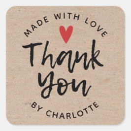 Pegatina Cuadrada Gracias hecho a mano con amor Rústico Kraft Classi