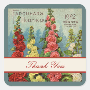 Pegatina Cuadrada Gracias Hollyhocks Peach Red Seed Packet Art