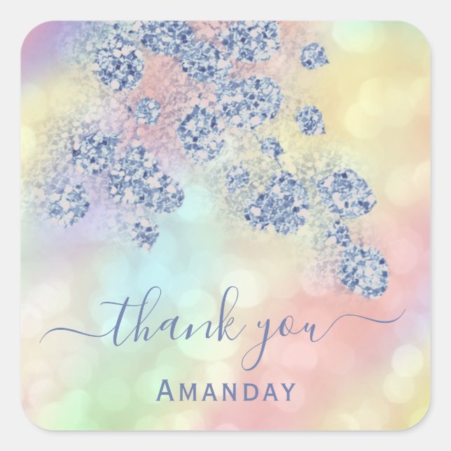 Pegatina Cuadrada Gracias Holográfico Floral Brillo Azul Polvo (Anverso)