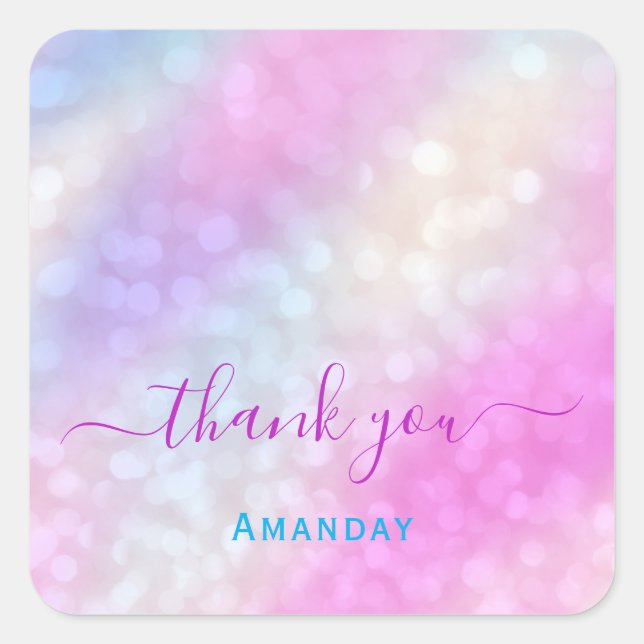 Pegatina Cuadrada Gracias Holográfico Rosa Swweet 16 (Anverso)