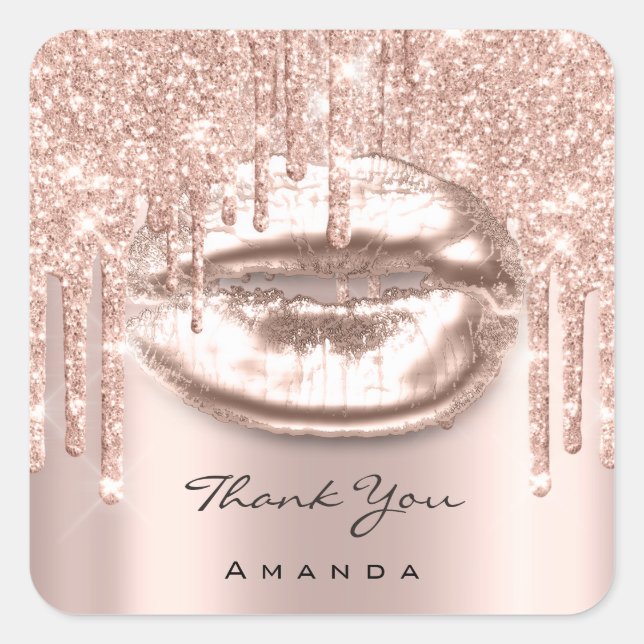 Pegatina Cuadrada Gracias Lips Kiss Sweet 16th Bridal Rosa Purpurina (Anverso)