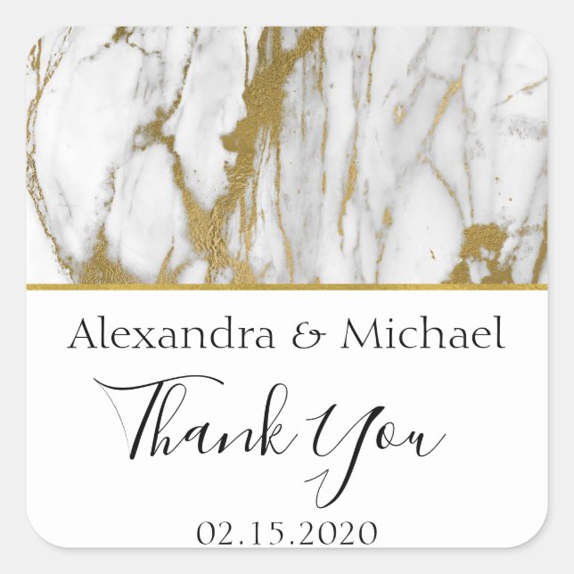 Pegatina Cuadrada Gracias Marble blanco y dorado elegante (Anverso)