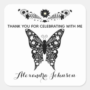 Pegatina Cuadrada Gracias, Mariposa Negra y Blanca Cumpleaños Niña