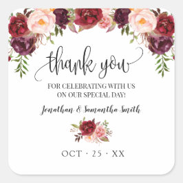 Pegatina Cuadrada Gracias marsala boda de moda de boho floral