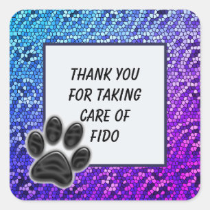 Pegatina Cuadrada Gracias Mascota Sitter Blue Purple Mosaic Paw Prin