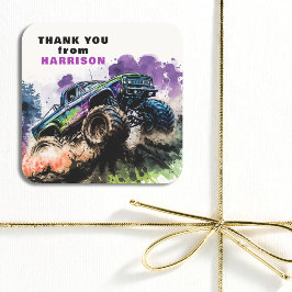 Pegatina Cuadrada Gracias Monstruo de Cumpleaños Camión Smash Crash 