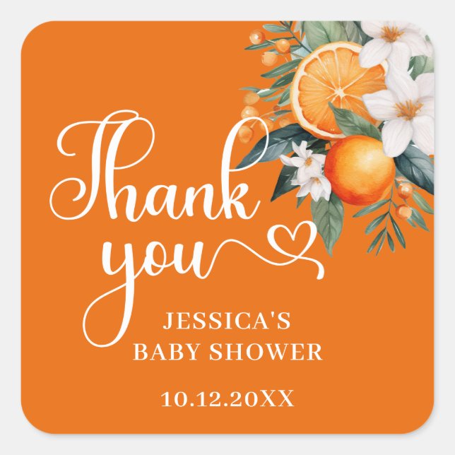 Pegatina Cuadrada Gracias Naranja Baby Shower Favor Classic Round (Anverso)