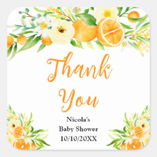 Pegatina Cuadrada Gracias Naranja Citrus Shower para Bebé