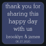 Pegatina Cuadrada Gracias Navy Blue Modern Wedding Stickers<br><div class="desc">Gracias azul marino pegatinas de boda modernas con texto de personalizable</div>