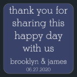 Pegatina Cuadrada Gracias Navy Blue Modern Wedding Stickers<br><div class="desc">Gracias azul marino pegatinas de boda modernas con texto de personalizable</div>