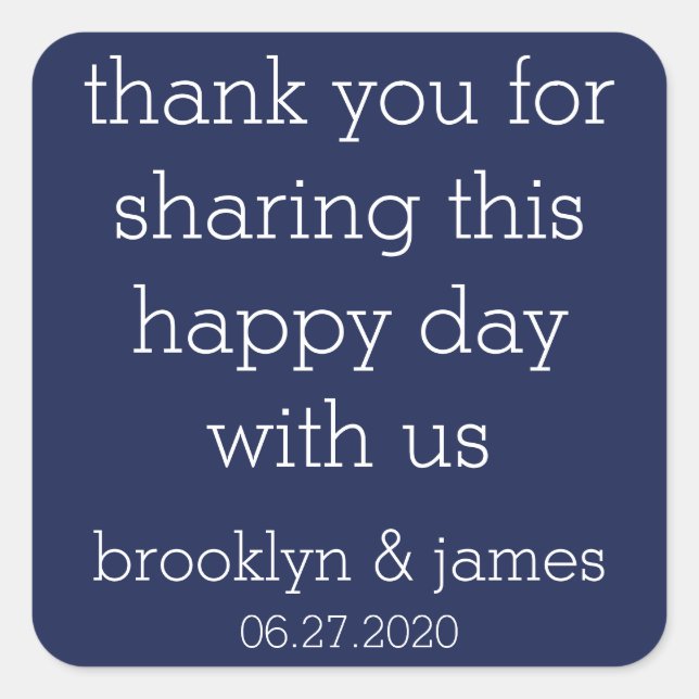 Pegatina Cuadrada Gracias Navy Blue Modern Wedding Stickers (Anverso)