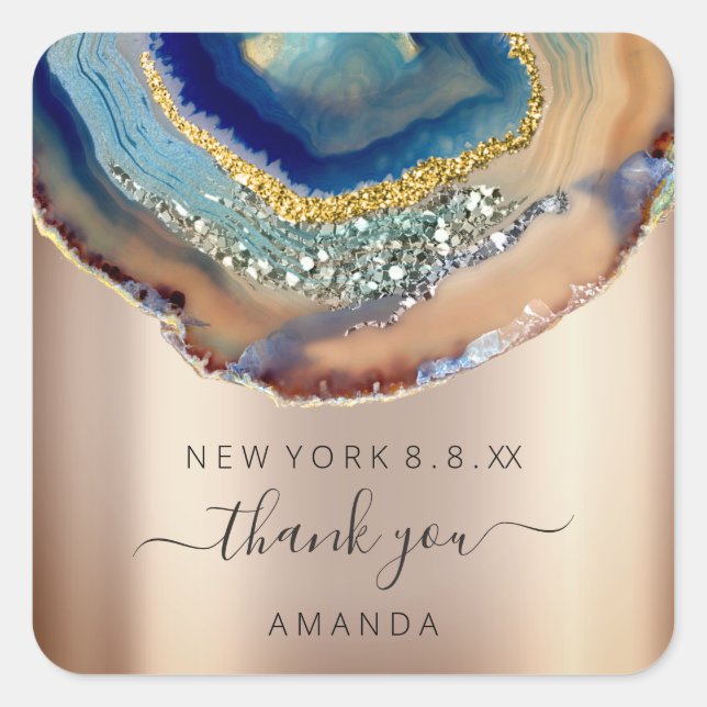 Pegatina Cuadrada Gracias Nombre 16ª Boda nupcial Amethyst Marble (Anverso)