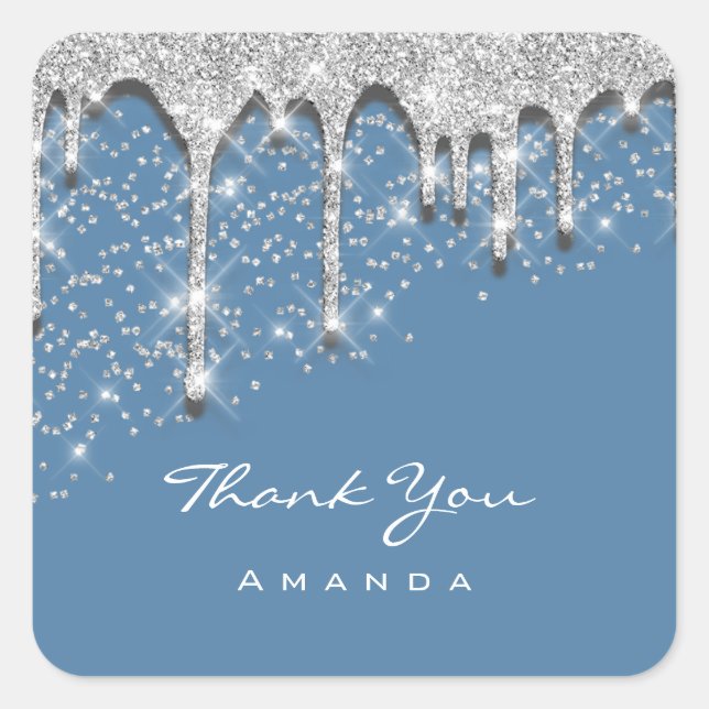 Pegatina Cuadrada Gracias Nombre 16º Purpurina Baby Shower 3D Azul h (Anverso)