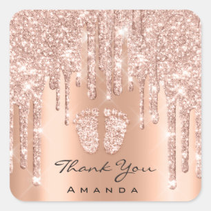 Pegatina Cuadrada Gracias Nombre Baby Shower Rosa Gold Feet