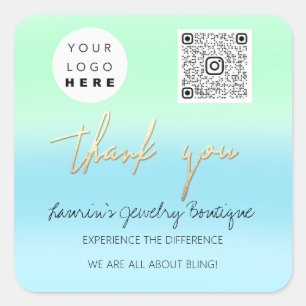Pegatina Cuadrada Gracias Nombre de Negocio Qr Shop Blue Mint Green