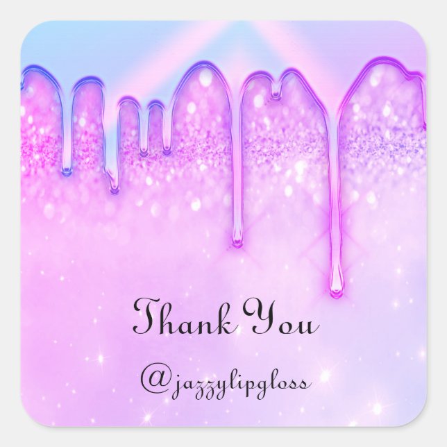 Pegatina Cuadrada Gracias Nombre Drip Favor Purpurina Azul Rosa (Anverso)