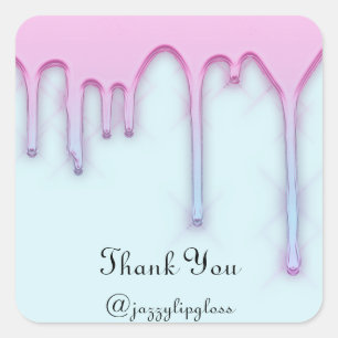 Pegatina Cuadrada Gracias Nombre Goteo Azul Pastel Elegante Rosa