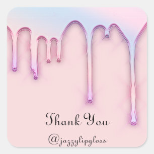 Pegatina Cuadrada Gracias Nombre Goteo Azul Pastel Elegante Rosa