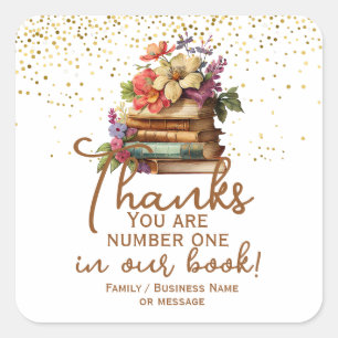Pegatina Cuadrada Gracias número uno en nuestro libro