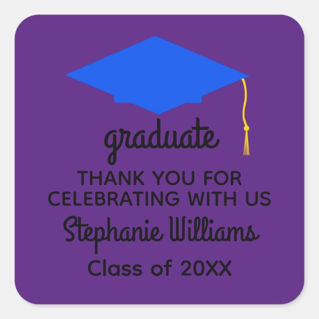 Pegatina Cuadrada Gracias Pegatinas del Cap 1 de graduación azul (Anverso)