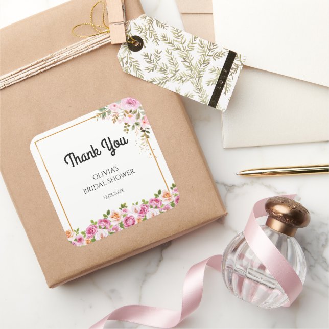 Pegatina Cuadrada Gracias Petals and Prosecco Floral Bridal Shower (Regalar)