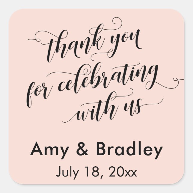 Pegatina Cuadrada Gracias por celebrar con nosotros Rubor Pink (Anverso)