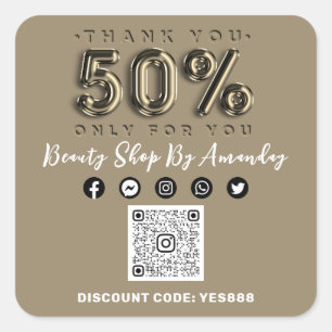 Pegatina Cuadrada Gracias por comprar 50% de descuento QR CODE Sepia