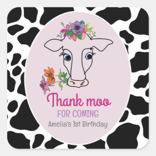 Pegatina Cuadrada Gracias por el 1er Cumpleaños de Holy Cow