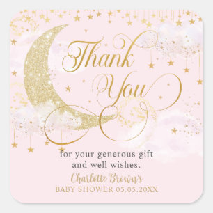 Pegatina Cuadrada Gracias por el Baby Shower rosado de la Luna y las
