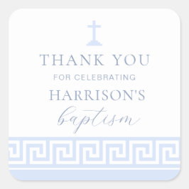 Pegatina Cuadrada Gracias por el bautismo azul de la clave griega