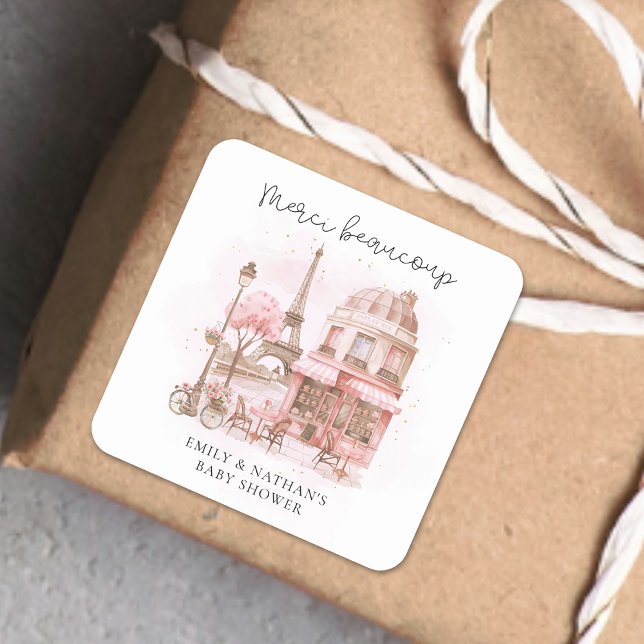 Pegatina Cuadrada Gracias por el café Baby Shower de París (Subido por el creador)
